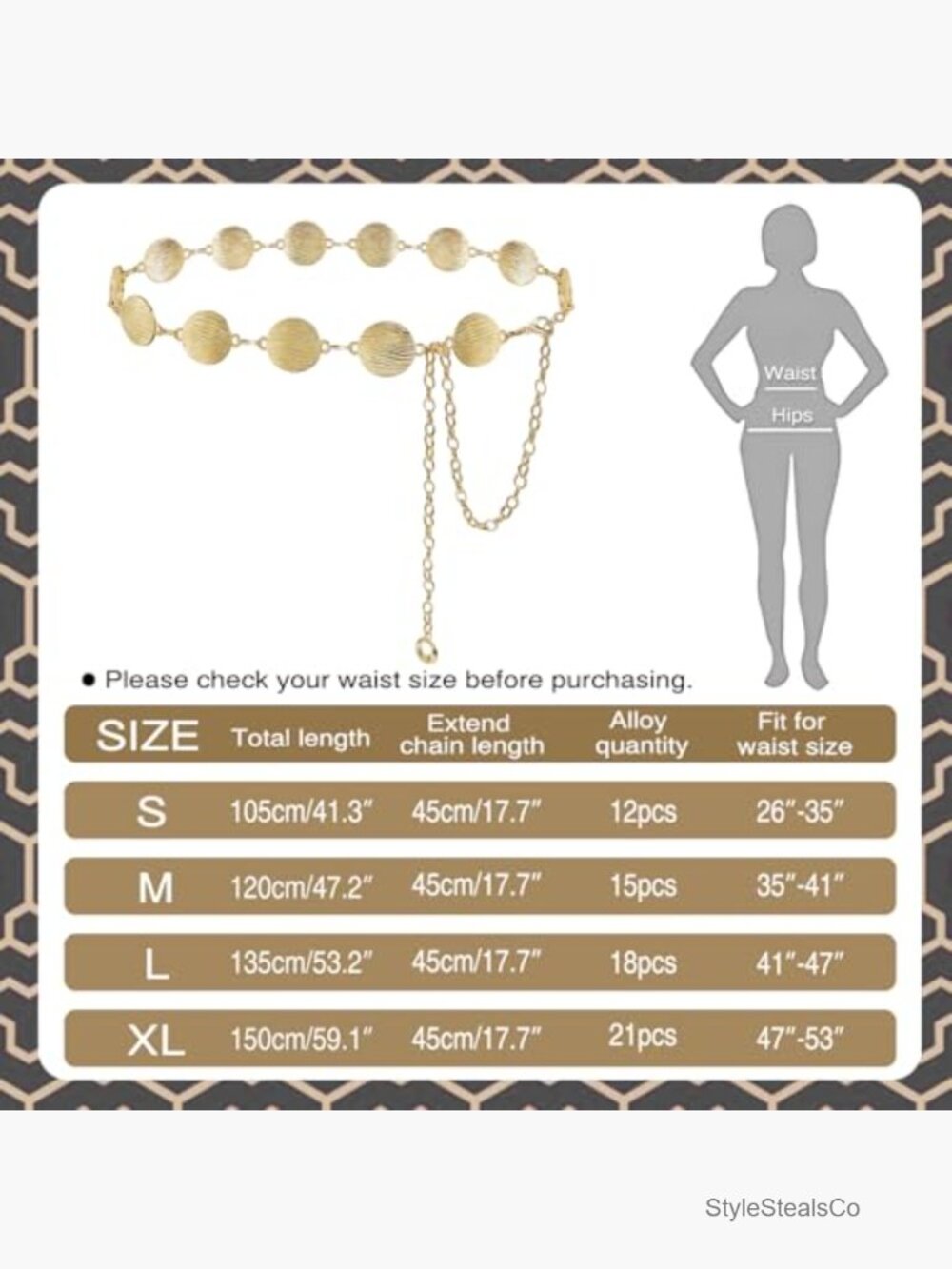 Adjustable Boho Metal Waist Chain Belt for Dresses - Picture 6 of 7